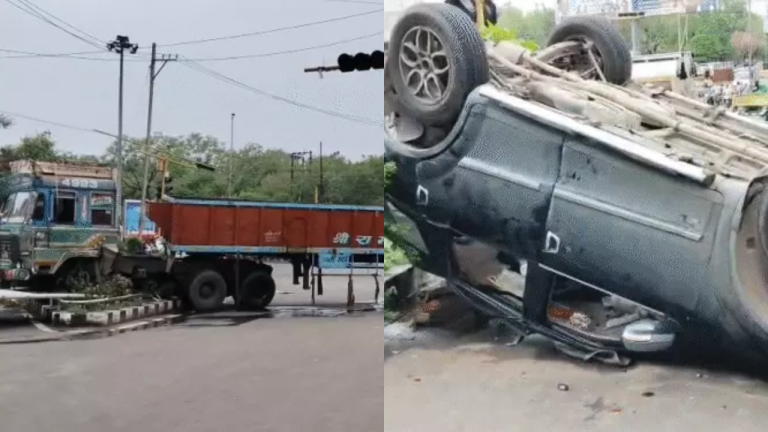भोपाल: एमपी नगर में तेज रफ्तार ट्राले ने पलटी कार, दो युवक घायल
